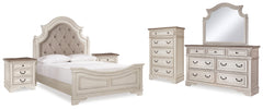 Realyn Queen Upholstered Panel Bed, Dresser, Mirror, Chest and 2 Nightstands