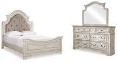 Realyn Queen Upholstered Panel Bed, Dresser and Mirror