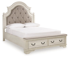 Realyn Queen Upholstered Bed, Dresser, Mirror, Chest and Nightstand