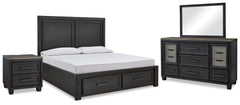 Foyland Queen Storage Bed, Dresser, Mirror and Nightstand